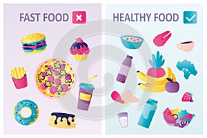 Icons of healthy food and fastfood . Healthy foods versus unhealthy. Different sweets and snacks