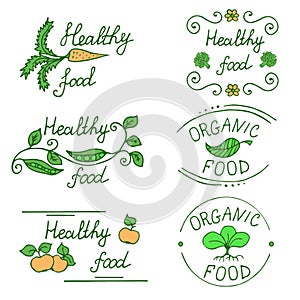 Icons for healthy food and organic products drawn by hand. Set of labels for the food market