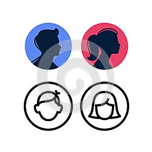 Icons and icons of male and female toilet. Vector. Avatar of man and woman for profile. Dark silhouettes on a colored background.