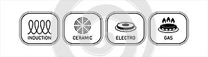 Icons: induction, ceramics, electro, gas. Induction purpose for cookers and ovens. To indicate the surface of cookware