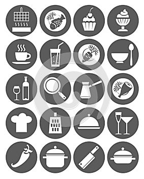 Icons kitchen, restaurant, cafe, food, drinks, utensils, monochrome, flat.
