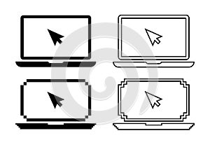 Icons of laptop computer, pc with mouse click or arrow cursor on screen. Vector. Online registration in notebook. Logo of internet