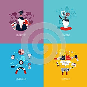 Icons for leadership, planning, gamification and teamwork. Flat