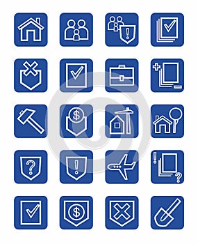 Icons legal services, civil law, white, contour, blue background, monochrome.
