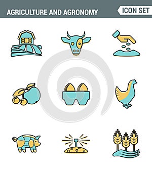 Icons line set premium quality of agriculture and agronomy icon farming feeding business. Modern pictogram collection flat design