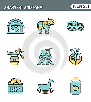 Icons line set premium quality of agriculture and agronomy icon farming feeding business. Modern pictogram collection flat design