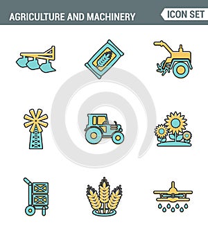 Icons line set premium quality of agriculture and machinery transportation tractor technology. Modern pictogram collection flat