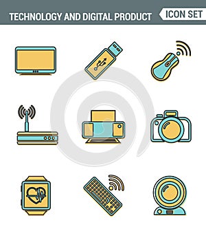 Icons line set premium quality of computer technology and electronics devices, mobile phone communication digital product.