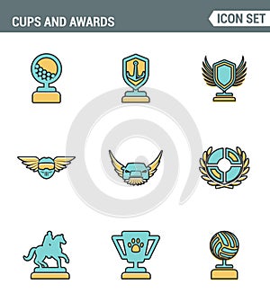 Icons line set premium quality of cups and awards prize victory award champ trophy. Modern pictogram collection flat design style