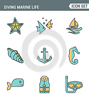 Icons line set premium quality of diving marine life activity sea tropical summer diver equipment. Modern pictogram collection
