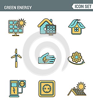 Icons line set premium quality of eco friendly green energy, clean sources power. Modern pictogram collection flat design style