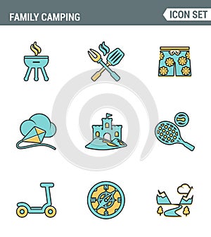 Icons line set premium quality of family camping travel summer nature cooking vacation camp. Modern pictogram collection flat