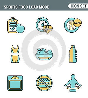 Icons line set premium quality of fitness icon. Sports food load mode burn calories healthy diet. Modern pictogram collection flat