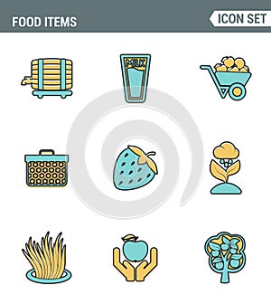 Icons line set premium quality of food Items business industry farm products plant fruit. Modern pictogram collection flat design