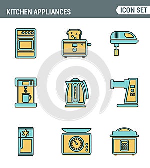 Icons line set premium quality of kitchen utensils, household tools and tableware. Modern pictogram collection flat design style