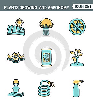 Icons line set premium quality of plants growing and agronomy farming farmer bio stem. Modern pictogram collection flat design
