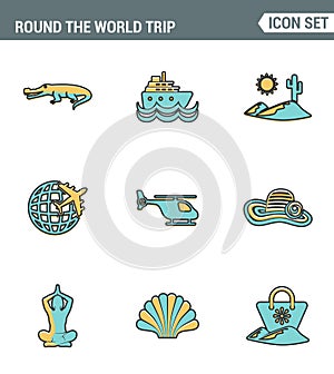 Icons line set premium quality of round the world trip transport vacation travelling transportation. Modern pictogram collection
