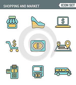 Icons line set premium quality of shopping symbol, shop elements and commerce items, market objects store products.