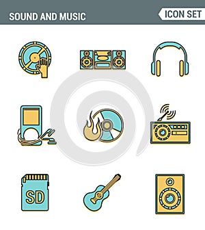 Icons line set premium quality of sound symbols and studio equipment, music instruments, audio multimedia objects.