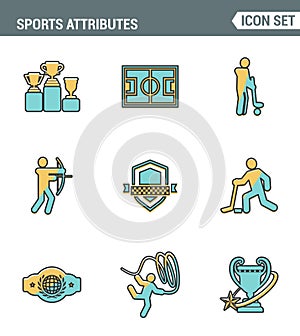 Icons line set premium quality of sports attributes, fans support, club emblem. Modern pictogram collection flat design style