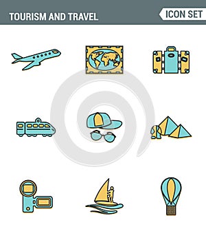 Icons line set premium quality of tourism travel transportation, trip to resort hotel. Modern pictogram collection flat design