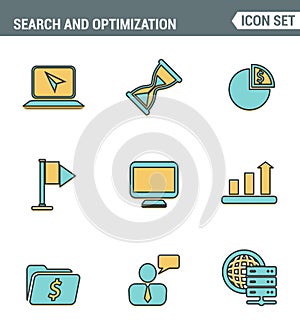 Icons line set premium quality of website searching engine optimization, seo analytics and data management, webpage traffic