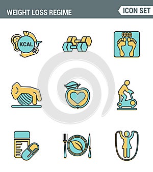 Icons line set premium quality of weight loss regime fitness gymnastics gum icon . Modern pictogram collection flat design style