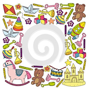 Icons for little boys and girls. Hand drawn children drawings pattern. Kindergarten toys background. Vector illustration