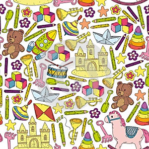 Icons for little boys and girls. Hand drawn children drawings pattern. Kindergarten toys background. Vector illustration