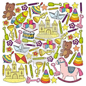 Icons for little boys and girls. Hand drawn children drawings pattern. Kindergarten toys background. Vector illustration
