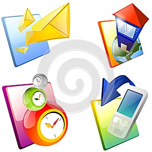 Icons: mail, house, clocks, mobile phone.
