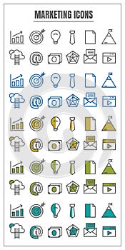 Icons marketing vector color black blue Yellow green on white ba