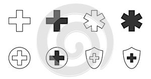 Icons medical cross, emergence, protection. Editable stroke. Hospital pharmacy ambulance pictogram symbols