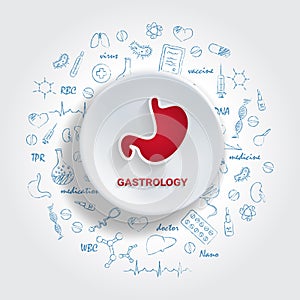 Icons For Medical Specialties. Gastrology Concept. Vector Illustration With Hand Drawn Medicine Doodle.