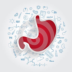 Icons For Medical Specialties. Gastrology And Stomach Concept. Vector Illustration With Hand Drawn Medicine Doodle.