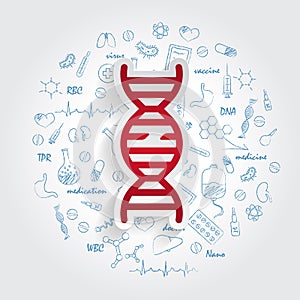 Icons For Medical Specialties. Gerontology And Broken DNA Concept. Vector Illustration With Hand Drawn Medicine Doodle.