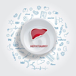 Icons For Medical Specialties. Hepatology Concept. Vector Illustration With Hand Drawn Medicine Doodle.