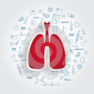 Icons For Medical Specialties. Pulmonology And Lungs Concept. Vector Illustration With Hand Drawn Medicine Doodle.