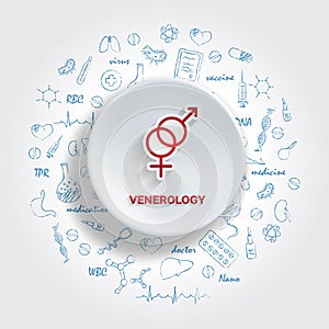 Icons For Medical Specialties. Venerology Concept. Vector Illustration With Hand Drawn Medicine Doodle.