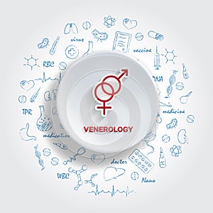 Icons For Medical Specialties. Venerology Concept. Vector Illustration With Hand Drawn Medicine Doodle. photo