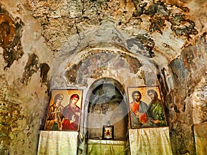 Icons in Old Orthodox Church Crypt, Saint Theodora Church, Peloponnese, Greece