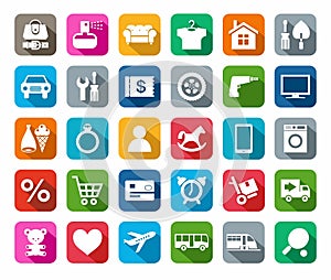 Icons, online store, categories of products, colored background, shadow.