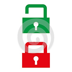 Icons of open and closed padlock. Green and red