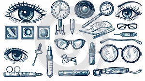 Icons of ophthalmology, optometry, vision test chart, contact lenses, drops and glasses. Modern hand drawn icons of eye