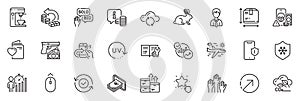 Icons pack as Cloud sync, Uv protection and Bid offer line icons. For web app. Vector