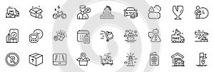 Icons pack as Flag, Garage and Delivery man line icons. For web app. Vector