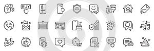 Icons pack as Love message, Security statistics and Question bubbles line icons. For web app. Vector