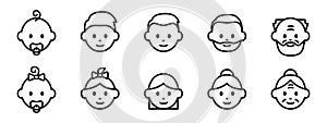 Icons of people of different ages, from infant to elderly, male and female. Life cycle from birth to old age. Baby