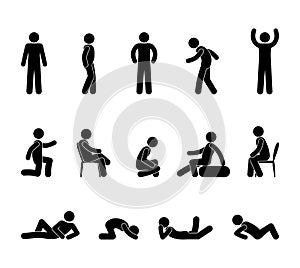 Icons of people, stick figure man pictogram, people stand, sit, lie in various poses