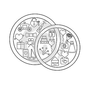 Icons placed inside a wedding wedding rings on a white background. Wedding icons in the style of the line. Vect